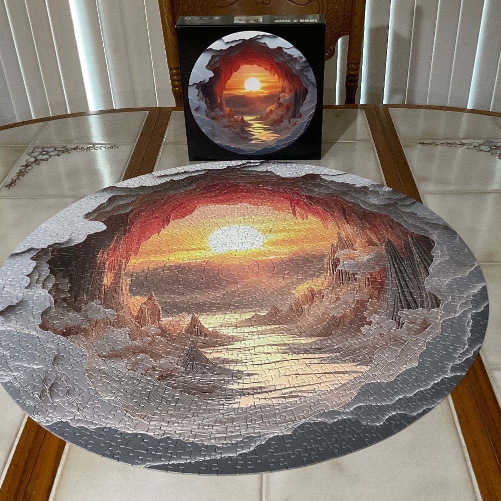 1000-Piece Round Wooden Jigsaw Puzzle – 3D Cave Sunset – 26” x 26” - Picture 11 of 13